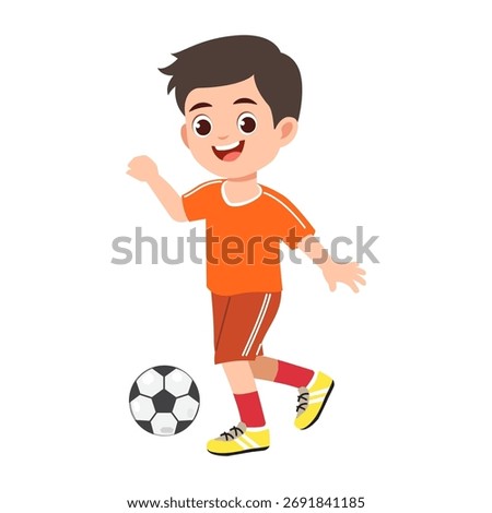 Vector cartoon illustration of boy playing soccer, sport kids illustration