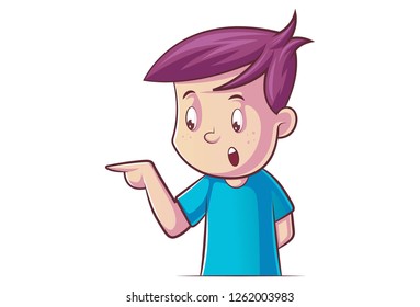 Vector cartoon illustration of boy pointing finger. Isolated on white background.