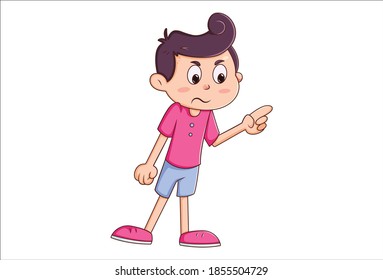 Vector cartoon illustration. Boy is pointing finger. Isolated on white background.