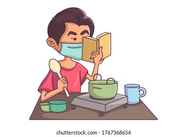 Vector cartoon illustration of a boy preparing food and reading books. Isolated on white background. 