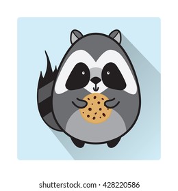 Vector cartoon illustration of boy raccoon with cookie. Blue square background with long shadow. Flat style icon element for design. Cute  forest, wild animal