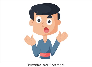 Vector cartoon illustration of boy with raised eyes. Isolated on white background.