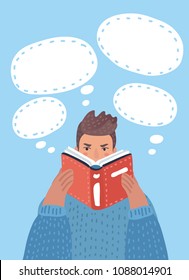 Vector cartoon illustration of boy reading a book. Bubble thoughts around.