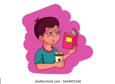 Vector cartoon illustration of boy reading books and drinking juice. Isolated on white background.