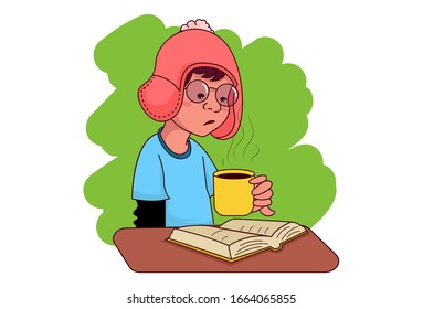 Vector cartoon illustration. Boy is reading book with cup of tea. Isolated on white background.