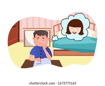 Vector cartoon illustration. Boy is reading book and thinking about girl. Isolated on white background.