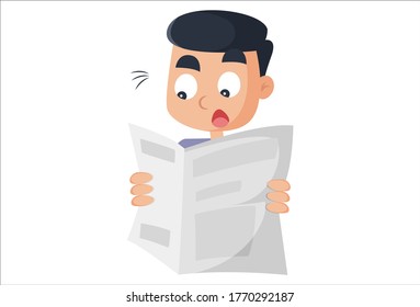 Vector cartoon illustration. Boy is reading the newspaper. Isolated on white background.