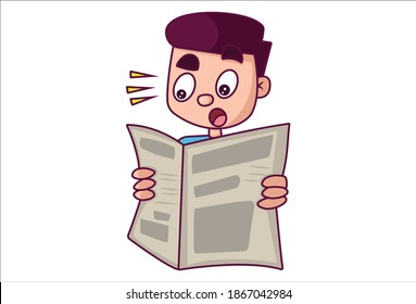 Vector cartoon illustration of boy is reading newspaper. Isolated on white background. 