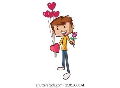 Vector cartoon illustration of a boy with red heart shape balloon and pink flower. Isolated on white background.