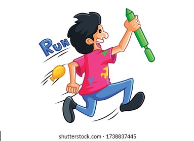Vector cartoon illustration of boy is running holding pichkari in hand. Isolated on white background.