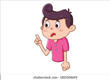 Vector cartoon illustration. Boy is sad and pointing finger. Isolated on white background.