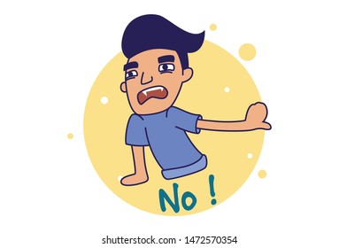 Vector cartoon illustration of boy saying no. Isolated on white background.