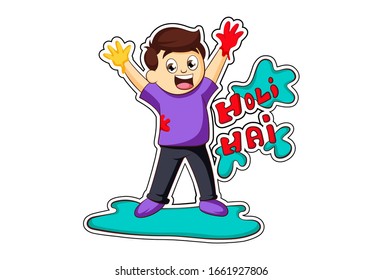 Vector cartoon illustration of boy saying holi hai. Isolated on white background.