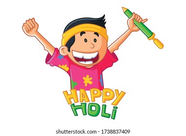 Vector cartoon illustration of boy saying happy holi. Isolated on white background. 