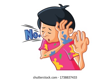 Vector cartoon illustration of boy saying no. Isolated on white background.