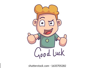 Vector cartoon illustration of boy showing thumbs-up. Lettering text- good luck. Isolated on white background.