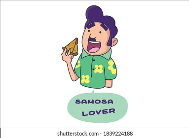 Vector cartoon illustration of boy is showing samosa. Lettering text Samosa Lover. Isolated on white background.