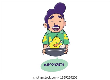 Vector cartoon illustration of boy is showing biryani. Lettering text Biryani. Isolated on white background.