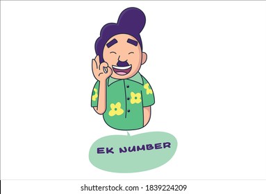 Vektorgrafik-Illustration des Jungen zeigt perfekte Zeichen mit Lächeln. Buchstabiertext Ek Number. Hinter der Textübersetzung: Eine Nummer. Einzeln auf weißem Hintergrund.
