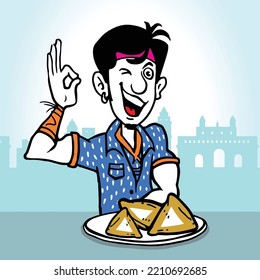 Vector cartoon illustration of the boy is showing Samosa Lover on the plate, street food.