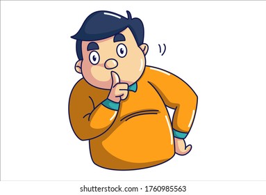 Vector cartoon illustration of boy with silence gesture. Isolated on white background.