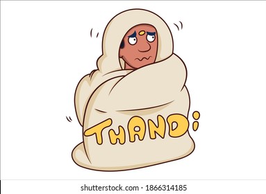 Vector cartoon illustration. Boy is sitting under the blanket. Thandi Hindi text translation- cold. Isolated on white background. 