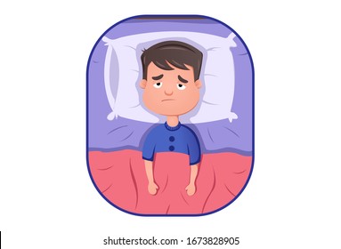 Vector cartoon illustration of boy sleeping on bed. Isolated on white background.