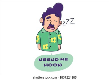 Vector cartoon illustration of boy is sleeping. Neend me hu Hindi text translation - is in sleep. Isolated on white background.