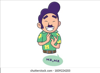 Vector cartoon illustration of boy is smiling. Lettering text Hi-Hi. Isolated on white background.