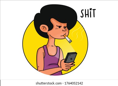 Vector cartoon illustration. Boy is smoking a cigarette and holding the phone in hand. Lettering text - shit. Isolated on white background.