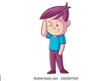 Vector cartoon illustration. Boy is standing and her one hand in her pocket. Isolated on white background.