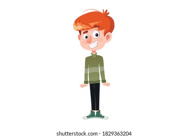 Vector cartoon illustration. Boy is standing with a smiling face. Isolated on white background.