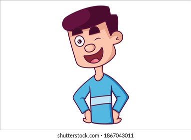 Vector cartoon illustration.  The boy is standing both hands on his waist and making eyes. Isolated on white background. 