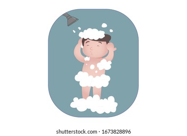 Vector cartoon illustration of boy taking shower. Isolated on white background.