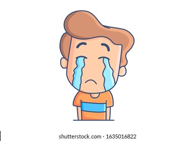 Vector cartoon illustration of the boy tears in eyes and weeping. Isolated on white background.