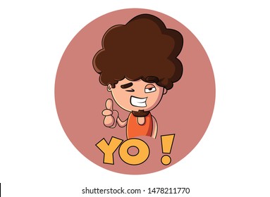 Vector cartoon illustration of boy thumbs up sign. Lettering yo text. Isolated on white background.