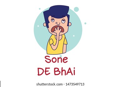 Vector cartoon illustration of boy try to sleep. Lettering sone de bhai Hindi Text translation - Let me sleep brother. Isolated on white background.