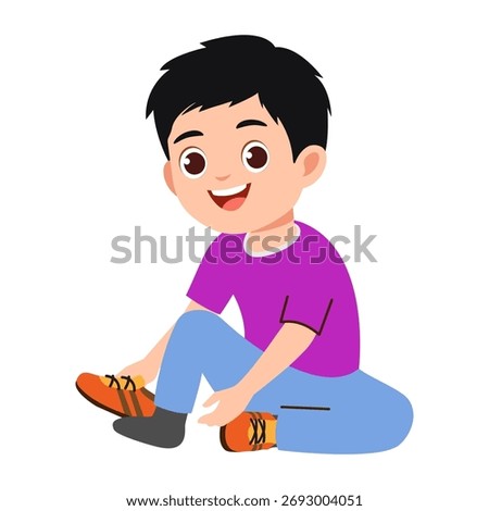 Vector cartoon illustration of boy tying shoe