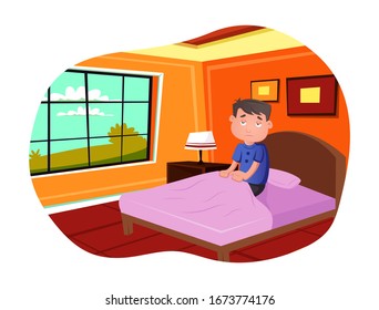 Vector cartoon illustration of boy wake up in the morning giving weird expression. Isolated on white background.