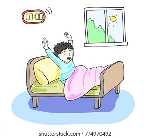 Vector cartoon illustration of the boy waking up in the morning