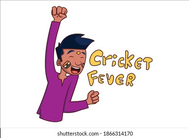 Vector cartoon illustration. Boy is watching a cricket match. Lettering text cricket fever. Isolated on white background. 