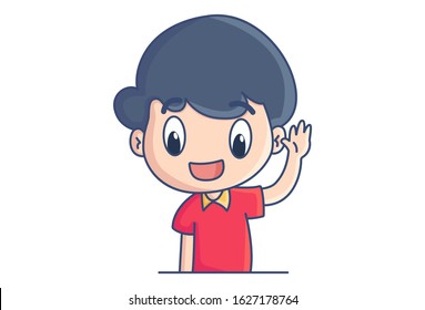 Vector cartoon illustration of boy waving hand. Isolated on white background.