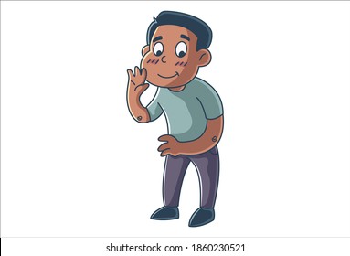 Vector cartoon illustration of boy is waving hand and saying hi. Isolated on white background.