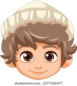 A vector cartoon illustration of a boy wearing a beanie hat with a natural facial expression