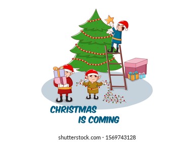 Vector cartoon illustration of boys decorating Christmas tree and holding gifts in hands. Isolated on white background.