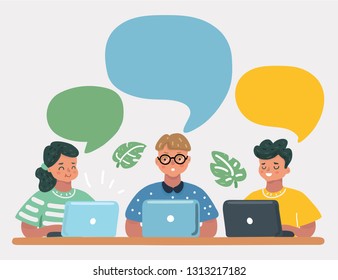 Vector cartoon illustration of boys and girls studying together laptop. Modern remote education concept. Speech bubble above them. Learning online lessons.