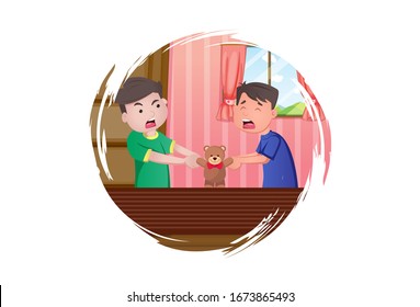 Vector cartoon illustration. Boys is holding toy and fighting each other. Isolated on white background.