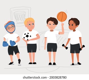 Caricatura vectorial Ilustración de los chicos haciendo deporte