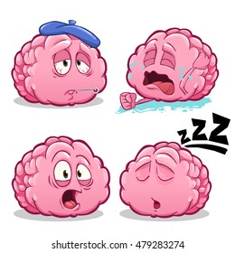 Vector cartoon illustration of brain character. Different poses and emotions. Brain character is stressed, tired, ill, sick and sleeping