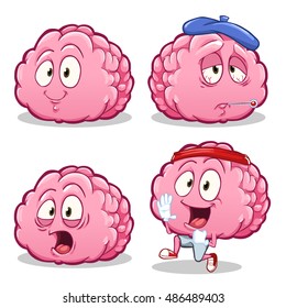 Vector cartoon illustration of brain character. Different poses and emotions.Sad, happy, sick, healthy